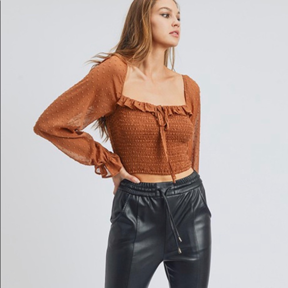 Ruffled Bell Sleeve Top Brown - Picture 2 of 4
